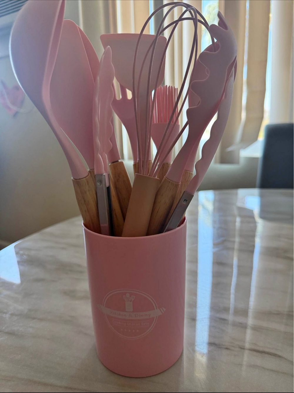 Pink Silicone & Bamboo Kitchen Utensil Set with Holder
